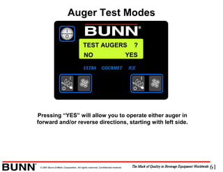 61© 2001 Bunn-O-Matic Corporation. All rights reserved. Confidential material.
TEST AUGERS ?
Pressing “YES” will allow you to operate either auger in
forward and/or reverse directions, starting with left side.
NO YES
Auger Test Modes
 