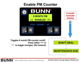 67© 2001 Bunn-O-Matic Corporation. All rights reserved. Confidential material.
6 MONTH PM
ENABLED(-) (+)
Toggles 6 month PM counter on/off.
Press either “+” or
“-” to toggle changes. (No lockout)
Enable PM Counter
SHAFT SEAL
MAINTENANCE DUE
6 month
reminder
display
 
