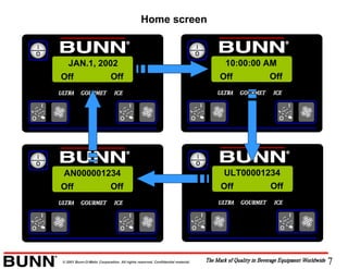 7© 2001 Bunn-O-Matic Corporation. All rights reserved. Confidential material.
Home screen
Off Off
JAN.1, 2002
Off Off
10:00:00 AM
Off Off
ULT00001234
Off Off
AN000001234
 