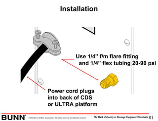 81© 2001 Bunn-O-Matic Corporation. All rights reserved. Confidential material.
Installation
Use 1/4” f/m flare fitting
and 1/4” flex tubing 20-90 psi
Power cord plugs
into back of CDS
or ULTRA platform
 