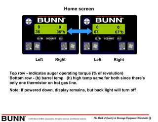 9© 2001 Bunn-O-Matic Corporation. All rights reserved. Confidential material.
0
36
Left Right
0
36°h
0
67
Left Right
0
67°b
Top row - indicates auger operating torque (% of revolution)
Bottom row - (b) barrel temp (h) high temp same for both since there’s
only one thermistor on hot gas line.
Note: If powered down, display remains, but back light will turn off
Home screen
 