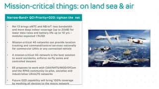 Mission-critical things: on land sea & air
• Guaranteed
Narrow-Band+ QCI-Priority+D2D: tighten the net
• Rel 13 brings eMTC and NB-IoT: less bandwidth
and more deep indoor coverage (up to 20dB) for
lower data rates and battery life up to 10 yrs –
modules expected <5USD
• Mission-critical 4G networks can provide location
tracking and command/control services nationally
for commercial UAVs or any connected vehicle
• A mission-critical 4G network is the best solution
to avoid accidents, enforce no-fly zones and
controlled descent
• EE proposes to work with CAA/NATS/MOD/OfCom
and the RPAS community to pilot, socialise and
industrialise UAVoLTE networks
• Future D2D capability will bring 100% coverage
by meshing all devices to the macro network
 