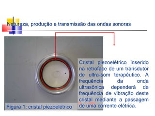 Cristal piezoelétrico inserido na retroface de um transdutor de ultra-som terapêutico. A frequência da onda ultrasônica dependerá da frequência de vibração deste cristal mediante a passagem de uma corrente elétrica. Figura 1: cristal piezoelétrico Natureza, produção e transmissão das ondas sonoras 