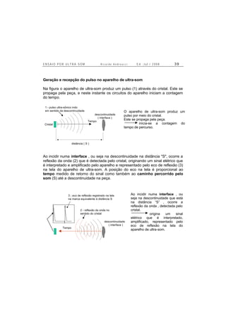 E N S A I O P O R U L T R A - S O M R i c a r d o A n d r e u c c i E d . J u l . / 2 0 0 8 3 9
Geração e recepção do pulso no aparelho de ultra-som
Na figura o aparelho de ultra-som produz um pulso (1) através do cristal. Este se
propaga pela peça, e neste instante os circuitos do aparelho iniciam a contagem
do tempo.
descontinuidade
( interface )
Cristal
distância ( S )
1 - pulso ultra-sônico indo
em sentido da descontinuidade
Tempo
Ao incidir numa interface , ou seja na descontinuidade na distância "S", ocorre a
reflexão da onda (2) que é detectada pelo cristal, originando um sinal elétrico que
é interpretado e amplificado pelo aparelho e representado pelo eco de reflexão (3)
na tela do aparelho de ultra-som. A posição do eco na tela é proporcional ao
tempo medido de retorno do sinal como também ao caminho percorrido pelo
som (S) até a descontinuidade na peça.
2 - reflexão da onda no
sentido do cristal
3 - eco de reflexão registrado na tela
na marca equivalente à distância S
Tempo
S
descontinuidade
( interface )
O aparelho de ultra-som produz um
pulso por meio do cristal.
Este se propaga pela peça.
inicia-se a contagem do
tempo de percurso.
Ao incidir numa interface , ou
seja na descontinuidade que está
na distância “S” , ocorre a
reflexão da onda , detectada pelo
cristal.
origina um sinal
elétrico que é interpretado,
amplificado, representado pelo
eco de reflexão na tela do
aparelho de ultra-som.
 