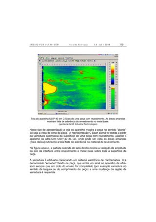 E N S A I O P O R U L T R A - S O M R i c a r d o A n d r e u c c i E d . J u l . / 2 0 0 8 5 5
Tela do aparelho USIP-40 em C-Scan de uma peça com revestimento. As áreas amarelas
mostram falta de aderência do revestimento no metal base.
(gentileza da GE Industrial Technologies)
Neste tipo de apresentação a tela do aparelho mostra a peça no sentido "planta"
ou seja a vista de cima da peça. A representação C-Scan acima foi obtida a partir
da varredura automática da superfície de uma peça com revestimento, usando o
aparelho de ultra-som USIP-40 da GE, onde pode ser vista as áreas amarelas
(mais claras) indicando a total falta de aderência do material de revestimento.
Na figura abaixo, a palheta colorida do lado direito mostra a variação da amplitude
do eco da interface entre revestimento e metal base sobre toda a superfície da
peça.
A varredura é efetuada conectando um sistema eletrônico de coordenadas X,Y
denominado “encoder” fixado na peça, que emite um sinal ao aparelho de ultra-
som sempre que um ciclo do ensaio for completado (por exemplo varredura no
sentido da largura ou do comprimento da peça) e uma mudança da região de
varredura é requerida.
 