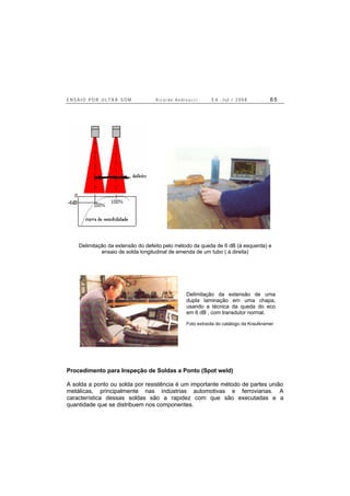 E N S A I O P O R U L T R A - S O M R i c a r d o A n d r e u c c i E d . J u l . / 2 0 0 8 6 5
Delimitação da extensão do defeito pelo método da queda de 6 dB (à esquerda) e
ensaio de solda longitudinal de emenda de um tubo ( à direita)
Procedimento para Inspeção de Soldas a Ponto (Spot weld)
A solda a ponto ou solda por resistência é um importante método de partes união
metálicas, principalmente nas indústrias automotivas e ferroviarias. A
característica dessas soldas são a rapidez com que são executadas e a
quantidade que se distribuem nos componentes.
Delimitação da extensão de uma
dupla laminação em uma chapa,
usando a técnica da queda do eco
em 6 dB , com transdutor normal.
Foto extraída do catálogo da Krautkramer
 