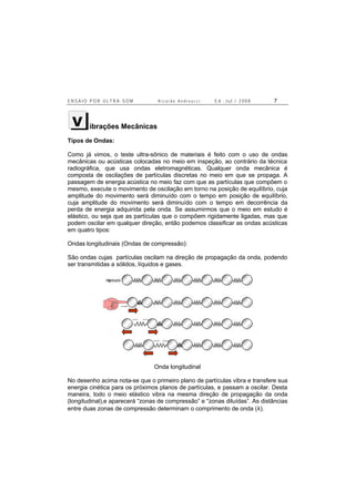 E N S A I O P O R U L T R A - S O M R i c a r d o A n d r e u c c i E d . J u l . / 2 0 0 8 7
ibrações Mecânicas
Tipos de Ondas:
Como já vimos, o teste ultra-sônico de materiais é feito com o uso de ondas
mecânicas ou acústicas colocadas no meio em inspeção, ao contrário da técnica
radiográfica, que usa ondas eletromagnéticas. Qualquer onda mecânica é
composta de oscilações de partículas discretas no meio em que se propaga. A
passagem de energia acústica no meio faz com que as partículas que compõem o
mesmo, execute o movimento de oscilação em torno na posição de equilíbrio, cuja
amplitude do movimento será diminuído com o tempo em posição de equilíbrio,
cuja amplitude do movimento será diminuído com o tempo em decorrência da
perda de energia adquirida pela onda. Se assumirmos que o meio em estudo é
elástico, ou seja que as partículas que o compõem rigidamente ligadas, mas que
podem oscilar em qualquer direção, então podemos classificar as ondas acústicas
em quatro tipos:
Ondas longitudinais (Ondas de compressão):
São ondas cujas partículas oscilam na direção de propagação da onda, podendo
ser transmitidas a sólidos, líquidos e gases.
Onda longitudinal
No desenho acima nota-se que o primeiro plano de partículas vibra e transfere sua
energia cinética para os próximos planos de partículas, e passam a oscilar. Desta
maneira, todo o meio elástico vibra na mesma direção de propagação da onda
(longitudinal),e aparecerá “zonas de compressão” e “zonas diluídas”. As distâncias
entre duas zonas de compressão determinam o comprimento de onda (λ).
V
 
