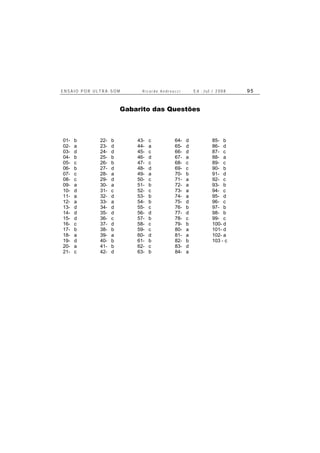E N S A I O P O R U L T R A - S O M R i c a r d o A n d r e u c c i E d . J u l . / 2 0 0 8 9 5
Gabarito das Questões
01- b 22- b 43- c 64- d 85- b
02- a 23- d 44- a 65- d 86- d
03- d 24- d 45- c 66- d 87- c
04- b 25- b 46- d 67- a 88- a
05- c 26- b 47- c 68- c 89- c
06- b 27- d 48- d 69- c 90- b
07- c 28- a 49- a 70- b 91- d
08- c 29- d 50- c 71- a 92- c
09- a 30- a 51- b 72- a 93- b
10- d 31- c 52- c 73- a 94- c
11- a 32- d 53- b 74- a 95- d
12- a 33- a 54- b 75- d 96- c
13- d 34- d 55- c 76- b 97- b
14- d 35- d 56- d 77- d 98- b
15- d 36- c 57- b 78- c 99- c
16- c 37- d 58- c 79- b 100- d
17- b 38- b 59- c 80- a 101- d
18- a 39- a 60- d 81- a 102- a
19- d 40- b 61- b 82- b 103 - c
20- a 41- b 62- c 83- d
21- c 42- d 63- b 84- a
 