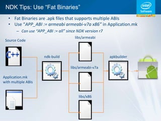 NDK Tips: Use “Fat Binaries”
   • Fat Binaries are .apk files that supports multiple ABIs
   • Use “APP_ABI := armeabi armeabi-v7a x86” in Application.mk
        – Can use “APP_ABI := all” since NDK version r7
                                       libs/armeabi
 Source Code



                       ndk-build                          apkbuilder

                                     libs/armeabi-v7a
                                                                       …
Application.mk
with multiple ABIs


                                         libs/x86
 