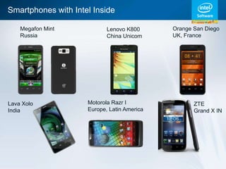 Smartphones with Intel Inside

    Megafon Mint            Lenovo K800      Orange San Diego
    Russia                  China Unicom     UK, France




Lava Xolo            Motorola Razr I                ZTE
India                Europe, Latin America          Grand X IN
 