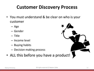 Customer Discovery Process You must understand & be clear on who is your customer  Age Gender Title Income level Buying habits Decision making process ALL this before you have a product! Startup Workshop All rights reserved © Naeem Zafar 