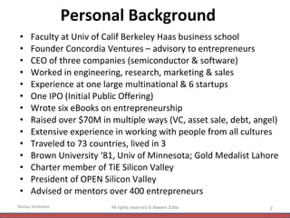 Personal Background Faculty at Univ of Calif Berkeley Haas business school Founder Concordia Ventures – advisory to entrepreneurs CEO of three companies (semiconductor & software) Worked in engineering, research, marketing & sales Experience at one large multinational & 6 startups One IPO (Initial Public Offering) Wrote six eBooks on entrepreneurship Raised over $70M in multiple ways (VC, asset sale, debt, angel) Extensive experience in working with people from all cultures Traveled to 73 countries, lived in 3 Brown University ‘81, Univ of Minnesota; Gold Medalist Lahore Charter member of TiE Silicon Valley  President of OPEN Silicon Valley Advised or mentors over 400 entrepreneurs  All rights reserved © Naeem Zafar Startup Workshop 