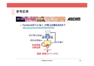 参考記事

 清水 誠の「その指標がデザインを決める」

    Facebookの「いいね！」で売上は増えるのか？
     http://ascii.jp/elem/000/000/626/626339/




           ...