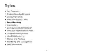 Topics
• Key Concepts
• Endpoints and Addresses
• Deployment Units
• Mediation Support APIs
• Error Handling
• Interceptors
• Conﬁguration Externalization
• Invoke an Asynchronous Flow
• Usage of Message Files
• UltraESB Clustering
• Metrics and Alerting
• Monitoring and Management
• EMW Framework
14
 