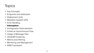 Topics
• Key Concepts
• Endpoints and Addresses
• Deployment Units
• Mediation Support APIs
• Error Handling
• Interceptors
• Conﬁguration Externalization
• Invoke an Asynchronous Flow
• Usage of Message Files
• UltraESB Clustering
• Metrics and Alerting
• Monitoring and Management
• EMW Framework
16
 