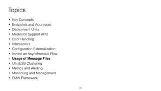 Topics
• Key Concepts
• Endpoints and Addresses
• Deployment Units
• Mediation Support APIs
• Error Handling
• Interceptors
• Conﬁguration Externalization
• Invoke an Asynchronous Flow
• Usage of Message Files
• UltraESB Clustering
• Metrics and Alerting
• Monitoring and Management
• EMW Framework
23
 
