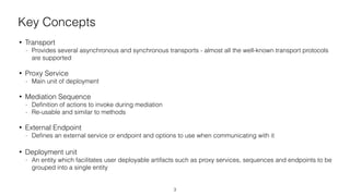 Key Concepts
• Transport
- Provides several asynchronous and synchronous transports - almost all the well-known transport protocols
are supported
• Proxy Service
- Main unit of deployment
• Mediation Sequence
- Deﬁnition of actions to invoke during mediation
- Re-usable and similar to methods
• External Endpoint
- Deﬁnes an external service or endpoint and options to use when communicating with it
• Deployment unit
- An entity which facilitates user deployable artifacts such as proxy services, sequences and endpoints to be
grouped into a single entity
3
 