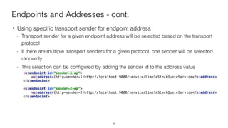 • Using speciﬁc transport sender for endpoint address
- Transport sender for a given endpoint address will be selected based on the transport
protocol
- If there are multiple transport senders for a given protocol, one sender will be selected
randomly
- This selection can be conﬁgured by adding the sender id to the address value
<u:endpoint id="sender-1-ep"> 
<u:address>{http-sender-1}http://localhost:9000/service/SimpleStockQuoteService</u:address> 
</u:endpoint> 
 
<u:endpoint id="sender-2-ep"> 
<u:address>{http-sender-2}http://localhost:9000/service/SimpleStockQuoteService</u:address> 
</u:endpoint> 
 
Endpoints and Addresses - cont.
8
 