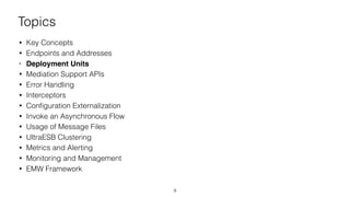 Topics
• Key Concepts
• Endpoints and Addresses
• Deployment Units
• Mediation Support APIs
• Error Handling
• Interceptors
• Conﬁguration Externalization
• Invoke an Asynchronous Flow
• Usage of Message Files
• UltraESB Clustering
• Metrics and Alerting
• Monitoring and Management
• EMW Framework
9
 