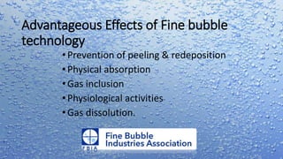Advantageous Effects of Fine bubble
technology
•Prevention of peeling & redeposition
•Physical absorption
•Gas inclusion
•Physiological activities
•Gas dissolution.