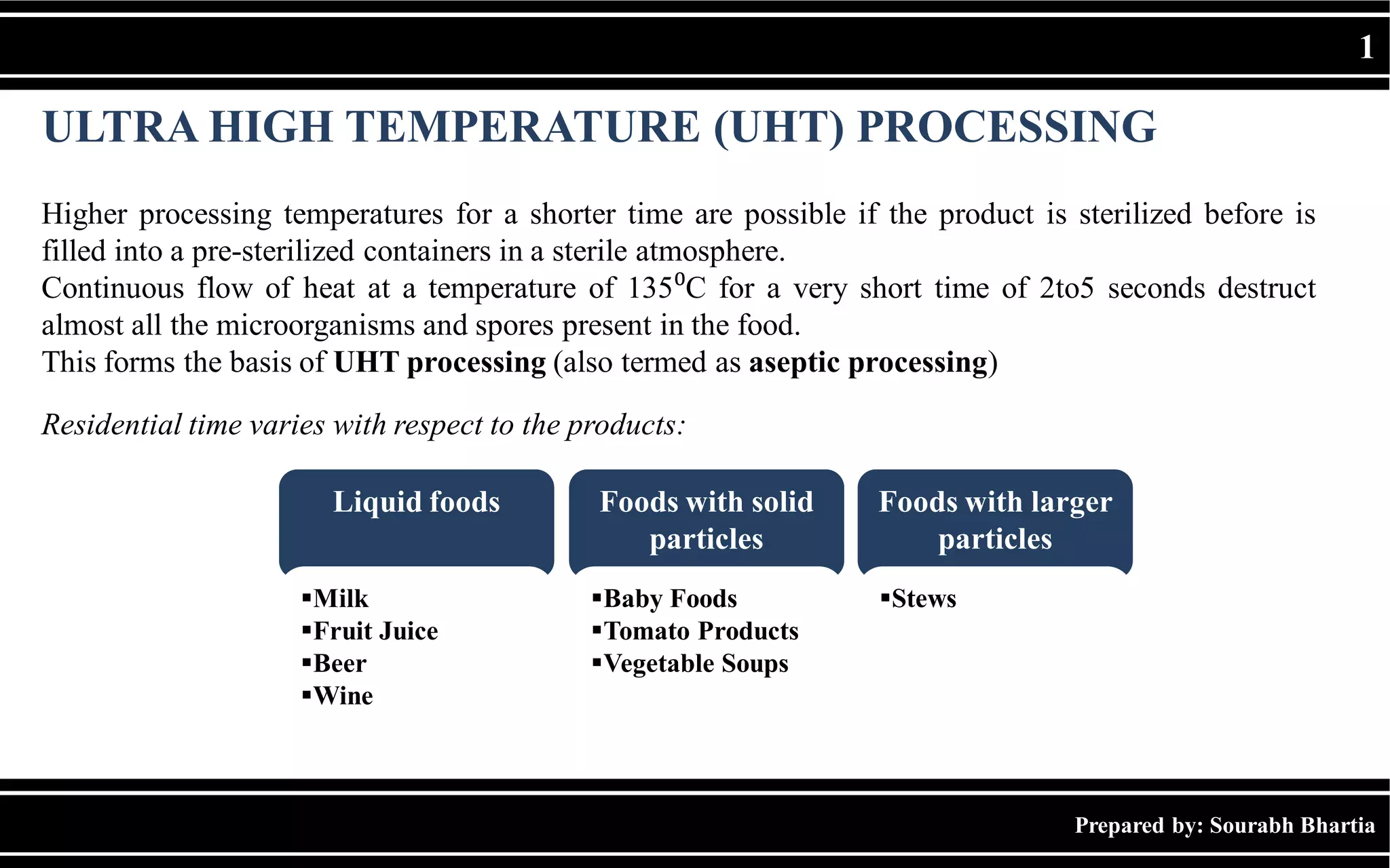 Liquid foods Foods with solid
particles
Foods with larger
particles
Milk
Fruit Juice
Beer
Wine
Baby Foods
Tomato Products
Vegetable Soups
Stews
Prepared by: Sourabh Bhartia
1
ULTRA HIGH TEMPERATURE (UHT) PROCESSING
Higher processing temperatures for a shorter time are possible if the product is sterilized before is
filled into a pre-sterilized containers in a sterile atmosphere.
Continuous flow of heat at a temperature of 135⁰C for a very short time of 2to5 seconds destruct
almost all the microorganisms and spores present in the food.
This forms the basis of UHT processing (also termed as aseptic processing)
Residential time varies with respect to the products:
 