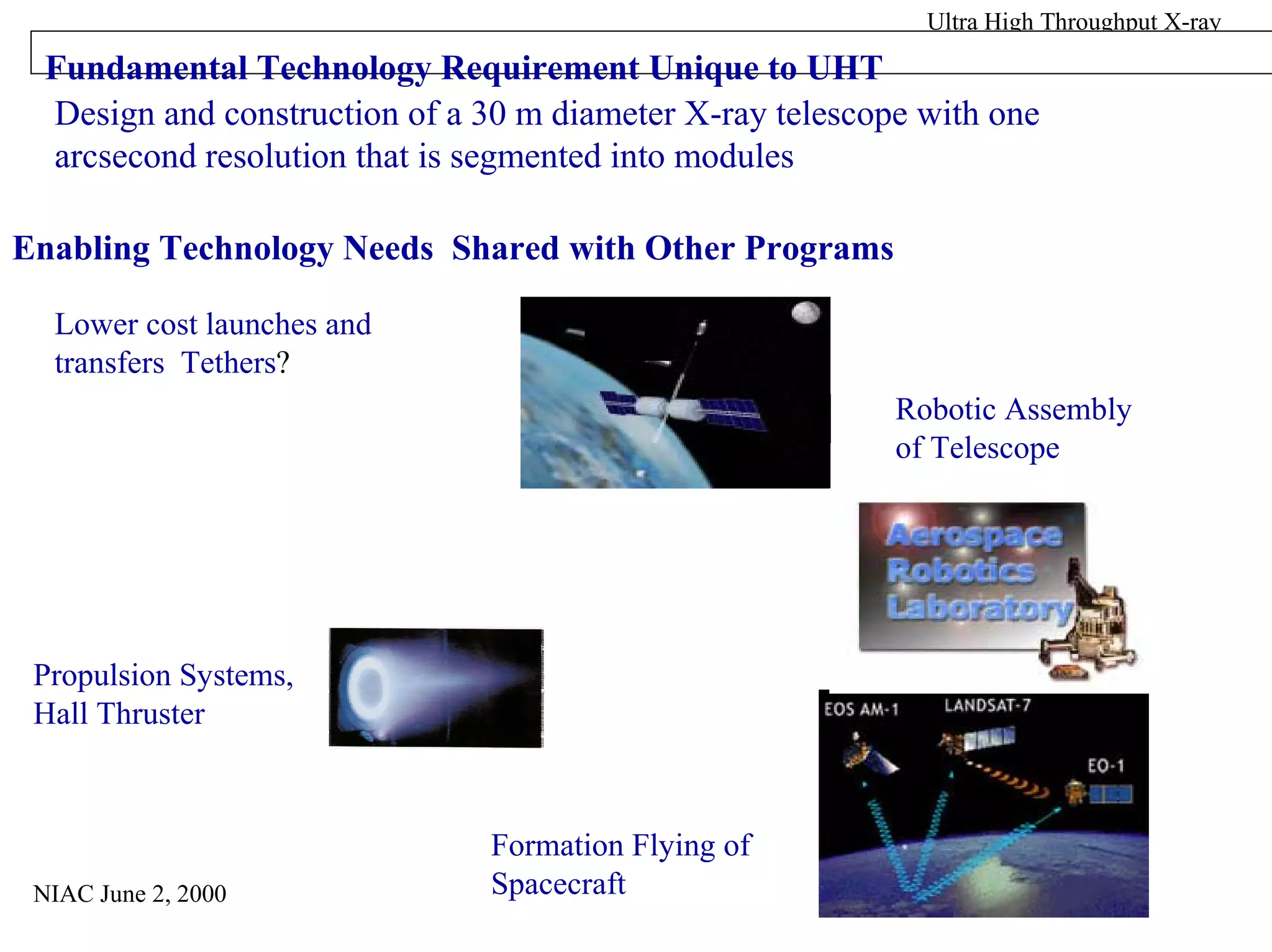 NIAC June 2, 2000 
Ultra High Throughput X-ray 
Fundamental Technology Requirement Unique to UHT 
Design and construction of a 30 m diameter X-ray telescope with one 
arcsecond resolution that is segmented into modules 
Enabling Technology Needs Shared with Other Programs 
Lower cost launches and 
transfers Tethers? 
Propulsion Systems, 
Hall Thruster 
Robotic Assembly 
of Telescope 
k 
Formation Flying of 
Spacecraft 
 