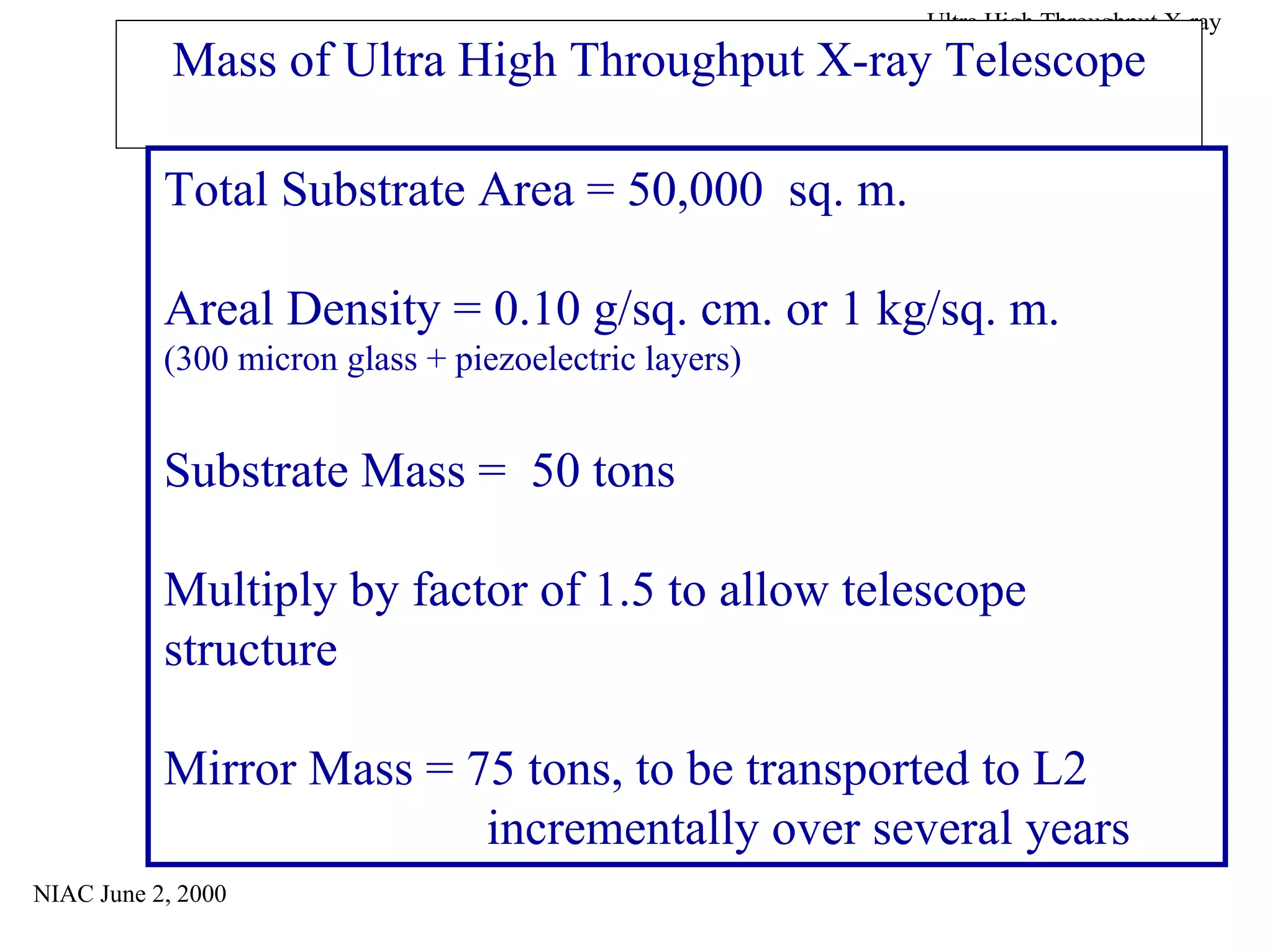 NIAC June 2, 2000 
Ultra High Throughput X-ray 
Mass of Ultra High Throughput X-ray Telescope 
Total Substrate Area = 50,000 sq. m. 
Areal Density = 0.10 g/sq. cm. or 1 kg/sq. m. 
(300 micron glass + piezoelectric layers) 
Substrate Mass = 50 tons 
Multiply by factor of 1.5 to allow telescope 
structure 
Mirror Mass = 75 tons, to be transported to L2 
incrementally over several years 
 
