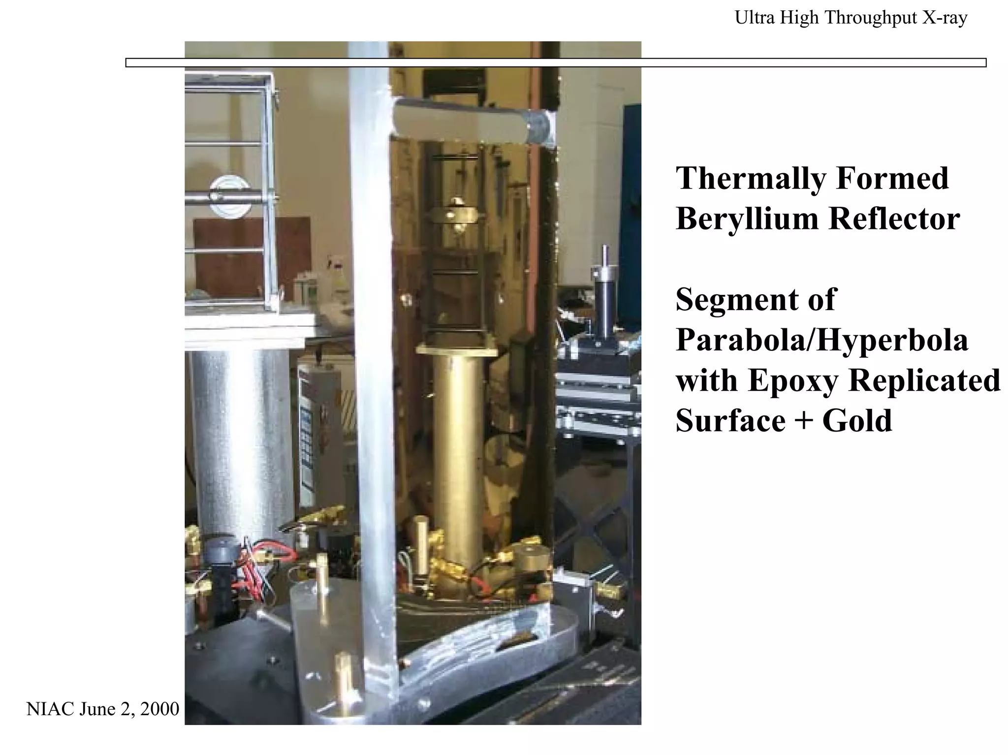 NIAC June 2, 2000 
Ultra High Throughput X-ray 
Thermally Formed 
Beryllium Reflector 
Segment of 
Parabola/Hyperbola 
with Epoxy Replicated 
Surface + Gold 
 