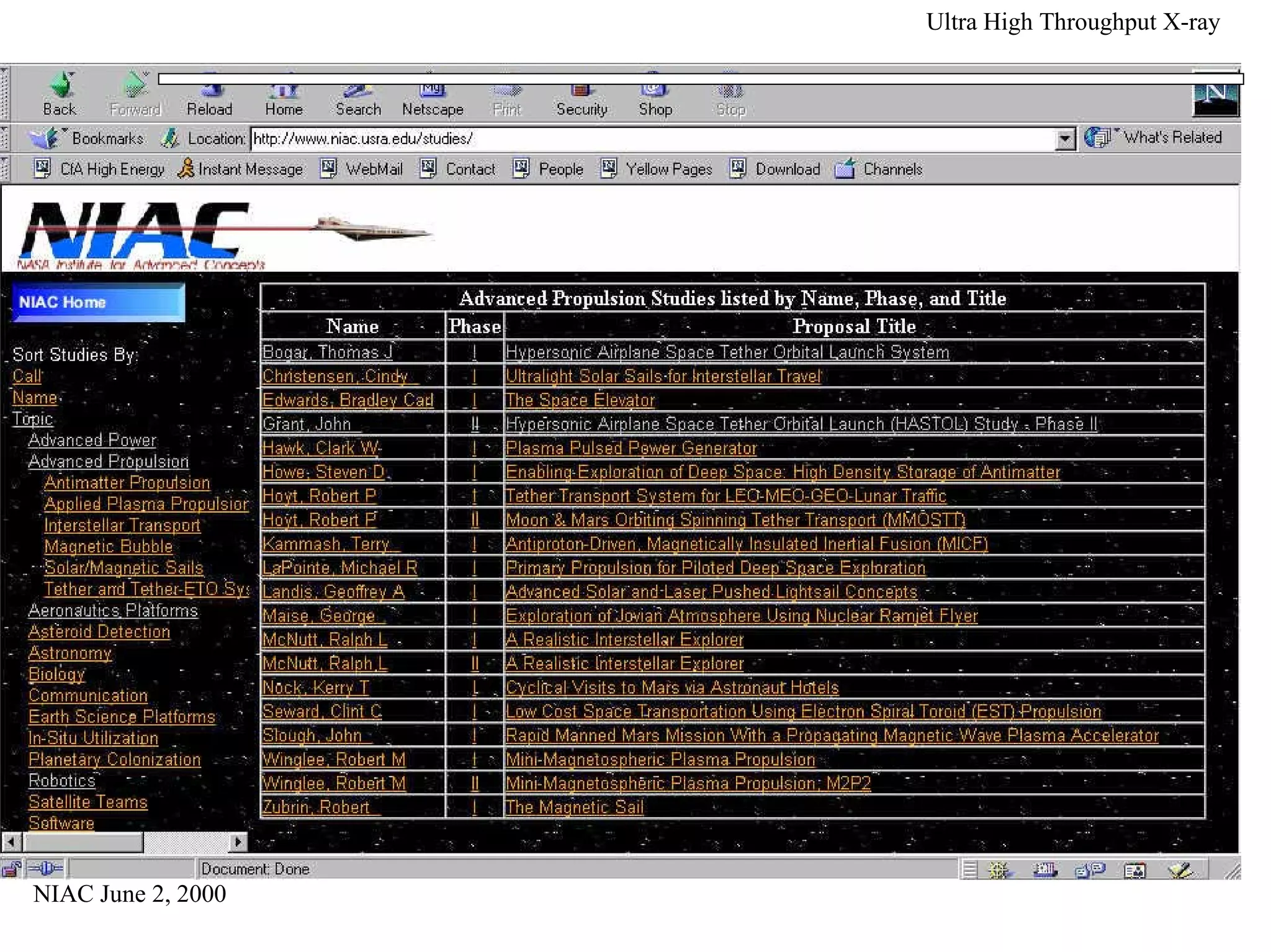 NIAC June 2, 2000 
Ultra High Throughput X-ray 
 