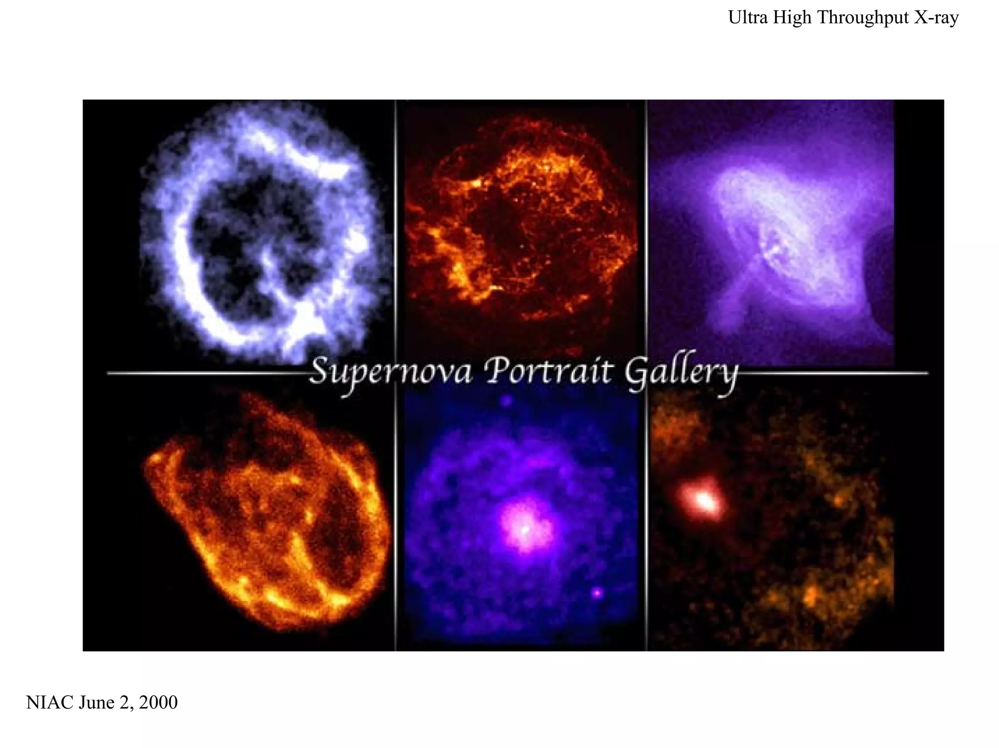 NIAC June 2, 2000 
Ultra High Throughput X-ray 
Supernovae 
E0102, Cas A, Crab Nebula, N132D, G21, PSR 0540 
NASA/CXC/SAO 
 