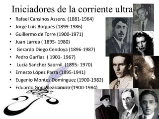 Iniciadores de la corriente ultraísta
• Rafael Cansinos Assens. (1881-1964)
• Jorge Luis Borgues (1899-1986)
• Guillermo de Torre (1900-1971)
• Juan Larrea ( 1895- 1980)
• Gerardo Diego Cendoya (1896-1987)
• Pedro Garfias ( 1901- 1967)
• Lucia Sanchez Saornil (1895- 1970)
• Ernesto López Parra (1895-1941)
• Eugenio Montes Dominguez (1900-1982)
• Eduardo González Lanuza (1900-1984)
 