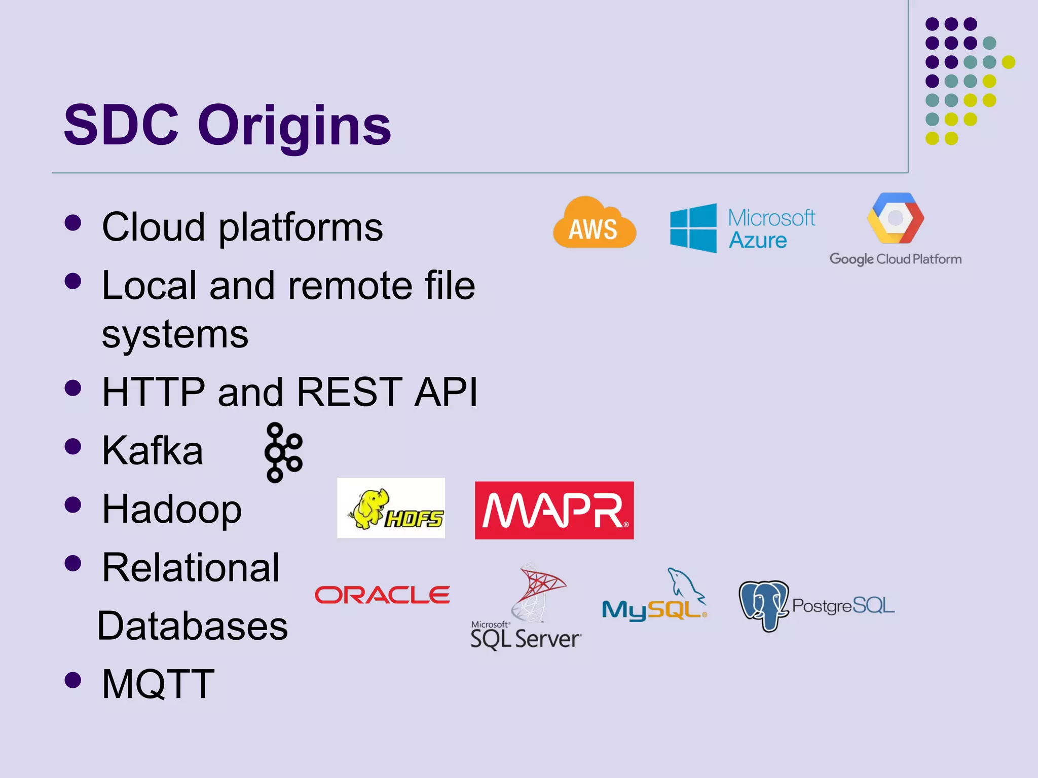 SDC Origins
 Cloud platforms
 Local and remote file
systems
 HTTP and REST API
 Kafka
 Hadoop
 Relational
Databases
 MQTT
 