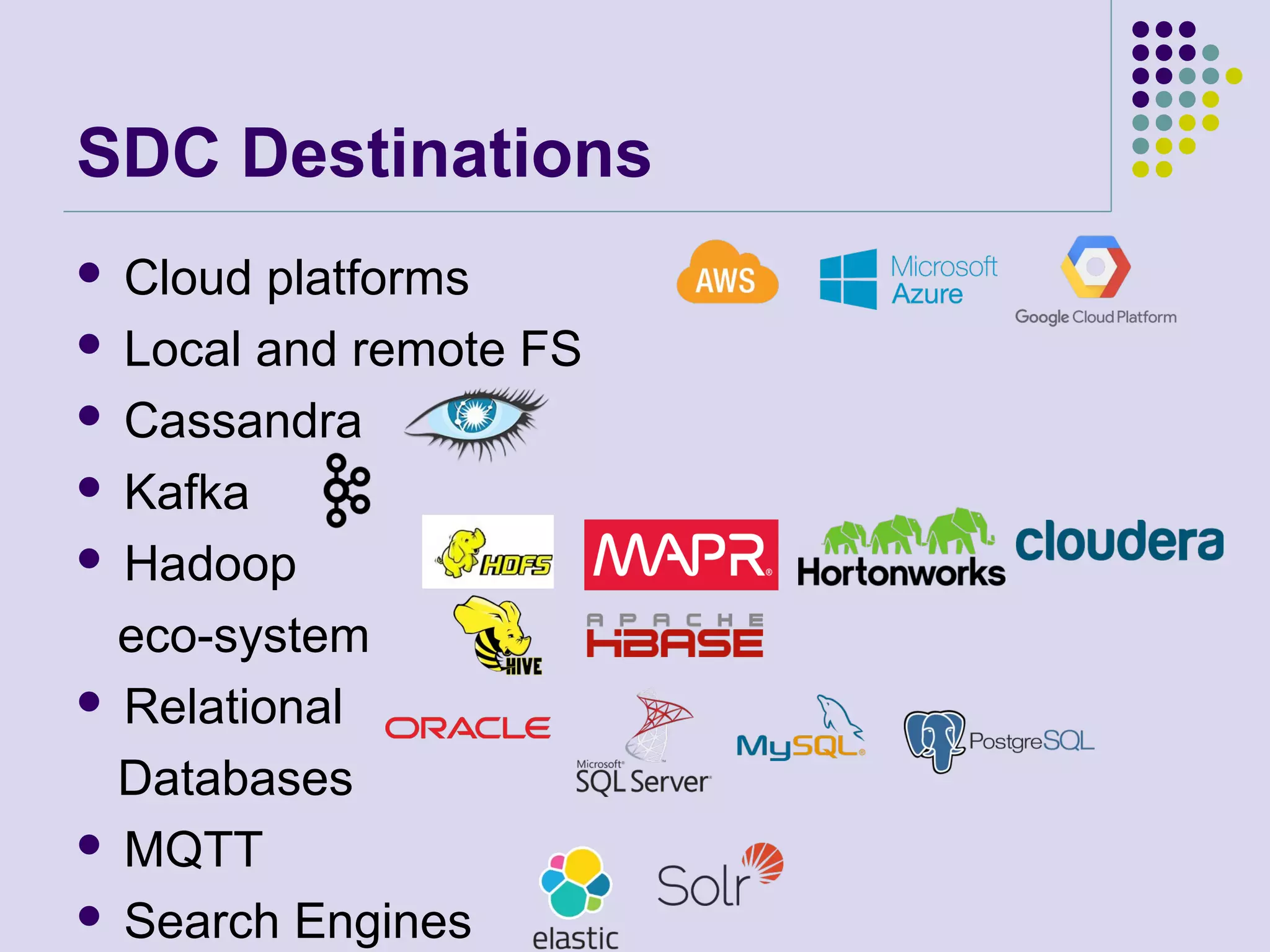 SDC Destinations
 Cloud platforms
 Local and remote FS
 Cassandra
 Kafka
 Hadoop
eco-system
 Relational
Databases
 MQTT
 Search Engines
 