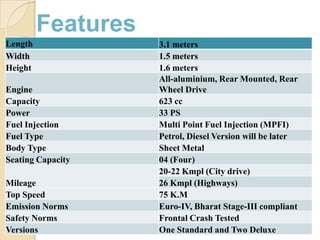 Features
Length 3.1 meters
Width 1.5 meters
Height 1.6 meters
Engine
All-aluminium, Rear Mounted, Rear
Wheel Drive
Capacity 623 cc
Power 33 PS
Fuel Injection Multi Point Fuel Injection (MPFI)
Fuel Type Petrol, Diesel Version will be later
Body Type Sheet Metal
Seating Capacity 04 (Four)
Mileage
20-22 Kmpl (City drive)
26 Kmpl (Highways)
Top Speed 75 K.M
Emission Norms Euro-IV, Bharat Stage-III compliant
Safety Norms Frontal Crash Tested
Versions One Standard and Two Deluxe
 