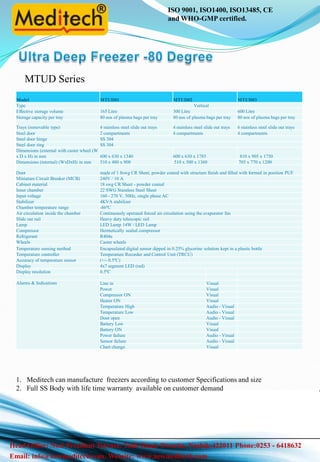 ISO 9001, ISO1400, ISO13485, CE
and WHO-GMP certified.
Email: info@newmeditech.com. Website: www.newmeditech.com
Head Office: No.6 President Terrace. Takli Road, Dwarka. Nashik-422011 Phone:0253 - 6418632
1. Meditech can manufacture freezers according to customer Specifications and size
2. Full SS Body with life time warranty available on customer demand
Model MTUD01 MTUD02 MTUD03
Type Vertical
Effective storage volume 165 Litre 300 Litre 600 Litre
Storage capacity per tray 80 nos of plasma bags per tray 80 nos of plasma bags per tray 80 nos of plasma bags per tray
Trays (removable type) 4 stainless steel slide out trays 4 stainless steel slide out trays 6 stainless steel slide out trays
Steel door 2 compartments 4 compartments 4 compartments
Steel door hinge SS 304
Steel door ring SS 304
Dimensions (external with caster wheel (W
x D x H) in mm 600 x 630 x 1340 600 x 630 x 1785 810 x 905 x 1750
Dimensions (internal) (WxDxH) in mm 510 x 480 x 900 510 x 500 x 1360 705 x 770 x 1200
Door made of 1 8swg CR Sheet, powder coated with structure finish and filled with formed in position PUF
Miniature Circuit Breaker (MCB) 240V / 10 A
Cabinet material 18 swg CR Sheet - powder coated
Inner chamber 22 SWG Stainless Steel Sheet
Input voltage 160 - 270 V, 50Hz, single phase AC
Stabilizer 4KVA stabilizer
Chamber temperature range -86ºC
Air circulation inside the chamber Continuously operated forced air circulation using the evaporator fan
Slide out rail Heavy duty telescopic rail
Lamp LED Lamp 14W / LED Lamp
Compressor Hermetically sealed compressor
Refrigerant R404a
Wheels Caster wheels
Temperature sensing method Encapsulated digital sensor dipped in 0.25% glycerine solution kept in a plastic bottle
Temperature controller Temperature Recorder and Control Unit (TRCU)
Accuracy of temperature sensor (+/- 0.5ºC)
Display 4x7 segment LED (red)
Display resolution 0.5ºC
Alarms & Indications Line in Visual
Power Visual
Compressor ON Visual
Heater ON Visual
Temperature High Audio - Visual
Temperature Low Audio - Visual
Door open Audio - Visual
Battery Low Visual
Battery ON Visual
Power failure Audio - Visual
Sensor failure Audio - Visual
Chart change Visual
MTUD Series
 