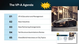 The VP-A Agenda
01 VP-A Education and Management
02 New Industries
03 New Partnering Arrangements
04 Tall Structure Assimilations Review
05 GlassWorld Interviews on City Topics
Coming
Next..
 