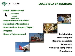 •Frete Internacional
•Desembaraço Aduaneiro
•Importação/Exportação
•Door-to-door Import/Export
•Projetos
•Seguro Internacional •Distribuição
•Armazenagem
•Regimes especiais
•Drawback
•Admissão Temporária
•Embalagem
LOGÍSTICA INTEGRADA
TERRESTRE
AÉREO
MARÍTIMO
 
