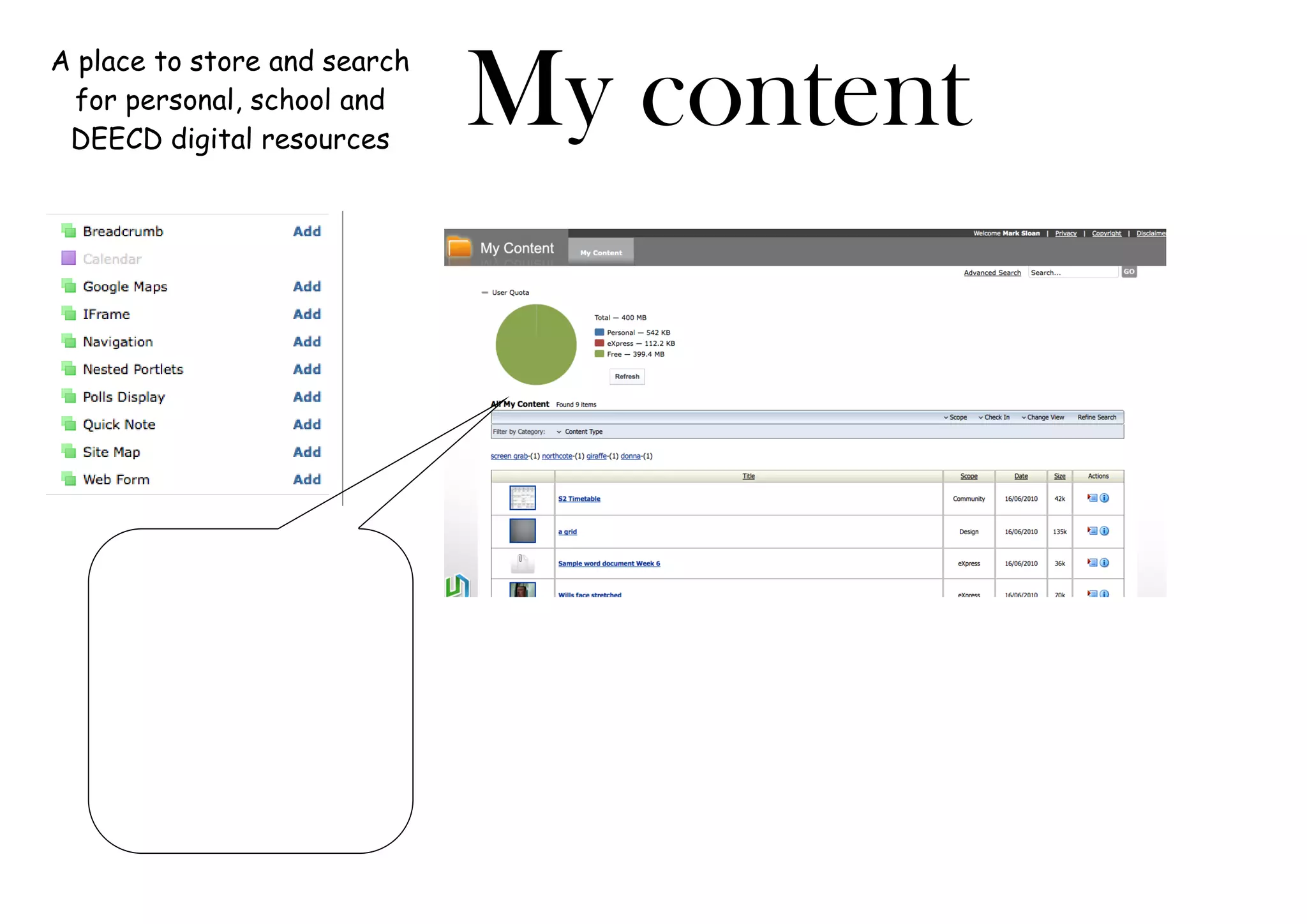 A place to store and search
for personal, school and
DEECD digital resources
My content