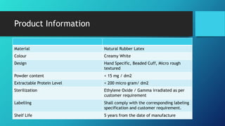 Product Information
Material Natural Rubber Latex
Colour Creamy White
Design Hand Specific, Beaded Cuff, Micro rough
textured
Powder content < 15 mg / dm2
Extractable Protein Level < 200 micro gram/ dm2
Sterilization Ethylene Oxide / Gamma irradiated as per
customer requirement
Labelling Shall comply with the corresponding labeling
specification and customer requirement.
Shelf Life 5 years from the date of manufacture
 
