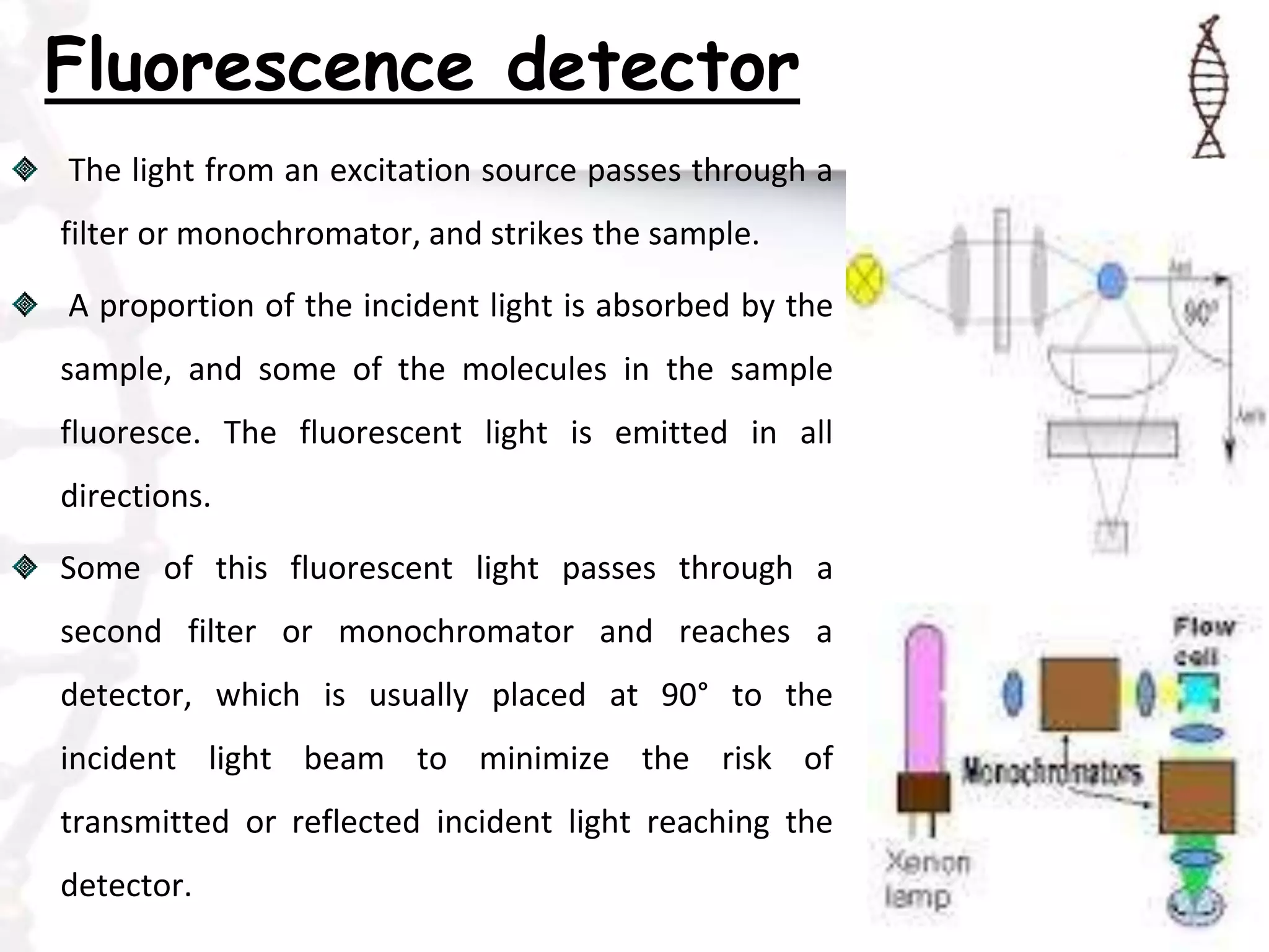 Fluorescence detector
The light from an excitation source passes through a
filter or monochromator, and strikes the sample.
A proportion of the incident light is absorbed by the
sample, and some of the molecules in the sample
fluoresce. The fluorescent light is emitted in all
directions.
Some of this fluorescent light passes through a
second filter or monochromator and reaches a
detector, which is usually placed at 90° to the
incident light beam to minimize the risk of
transmitted or reflected incident light reaching the
detector.
 