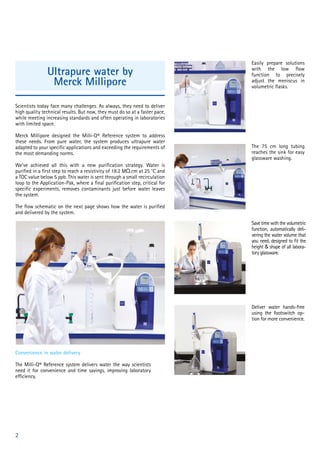 Ultrapure water by
Merck Millipore
Scientists today face many challenges. As always, they need to deliver
high quality technical results. But now, they must do so at a faster pace,
while meeting increasing standards and often operating in laboratories
with limited space.
Merck Millipore designed the Milli-Q® Reference system to address
these needs. From pure water, the system produces ultrapure water
adapted to your specific applications and exceeding the requirements of
the most demanding norms.
We’ve achieved all this with a new purification strategy. Water is
purified in a first step to reach a resistivity of 18.2 MΩ.cm at 25 °C and
a TOC value below 5 ppb. This water is sent through a small recirculation
loop to the Application-Pak, where a final purification step, critical for
specific experiments, removes contaminants just before water leaves
the system.
The flow schematic on the next page shows how the water is purified
and delivered by the system.
Convenience in water delivery
The Milli-Q® Reference system delivers water the way scientists
need it for convenience and time savings, improving laboratory
efficiency.
Easily prepare solutions
with the low flow
function to precisely
adjust the meniscus in
volumetric flasks.
The 75 cm long tubing
reaches the sink for easy
glassware washing.
Save time with the volumetric
function, automatically deli-
vering the water volume that
you need, designed to fit the
height & shape of all labora-
tory glassware.
Deliver water hands-free
using the footswitch op-
tion for more convenience.
2
 