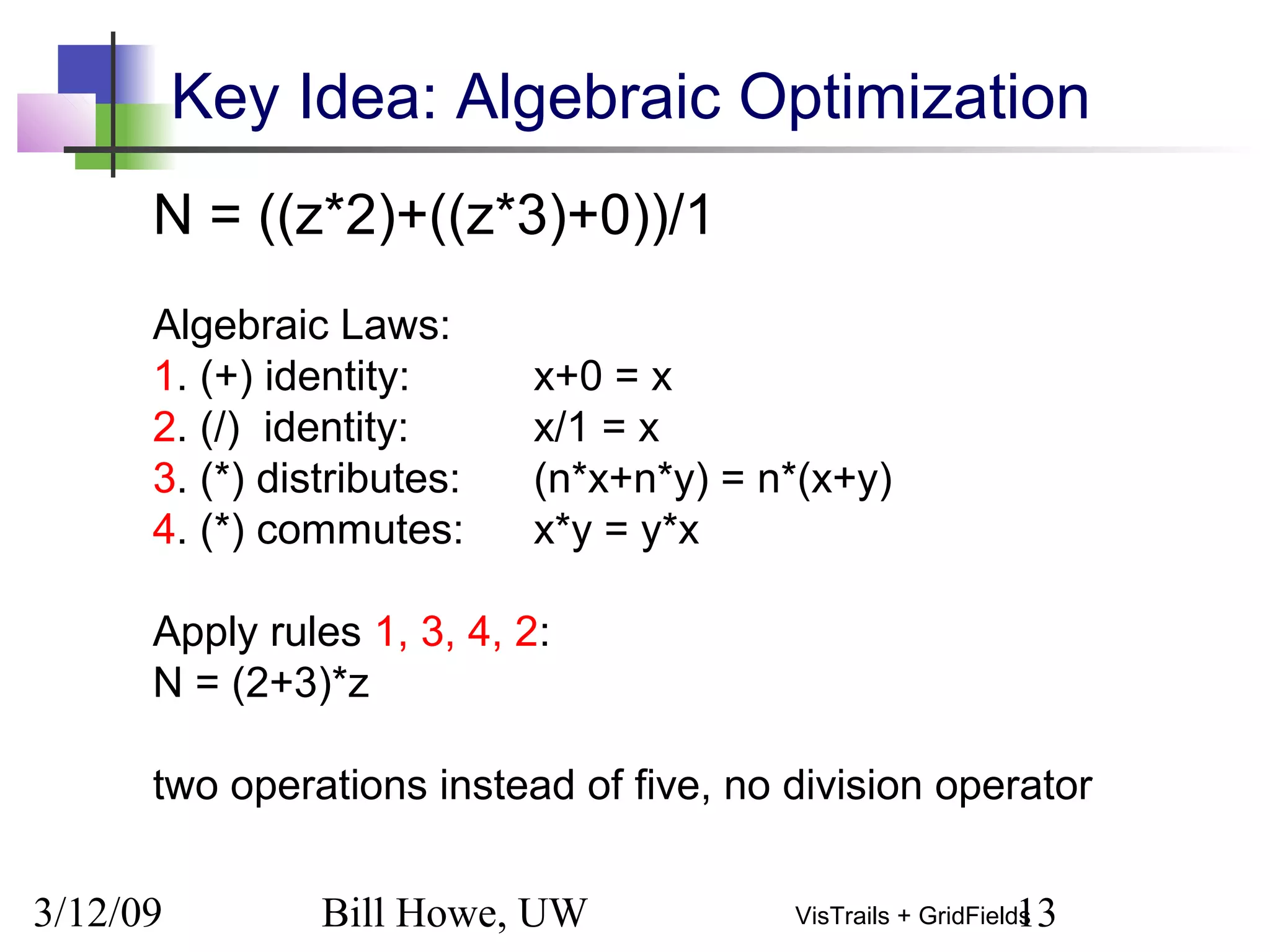 3/12/09 Bill Howe, UW 13VisTrails + GridFields
Key Idea: Algebraic Optimization
N = ((z*2)+((z*3)+0))/1
Algebraic Laws:
1. (+) identity: x+0 = x
2. (/) identity: x/1 = x
3. (*) distributes: (n*x+n*y) = n*(x+y)
4. (*) commutes: x*y = y*x
Apply rules 1, 3, 4, 2:
N = (2+3)*z
two operations instead of five, no division operator
 
