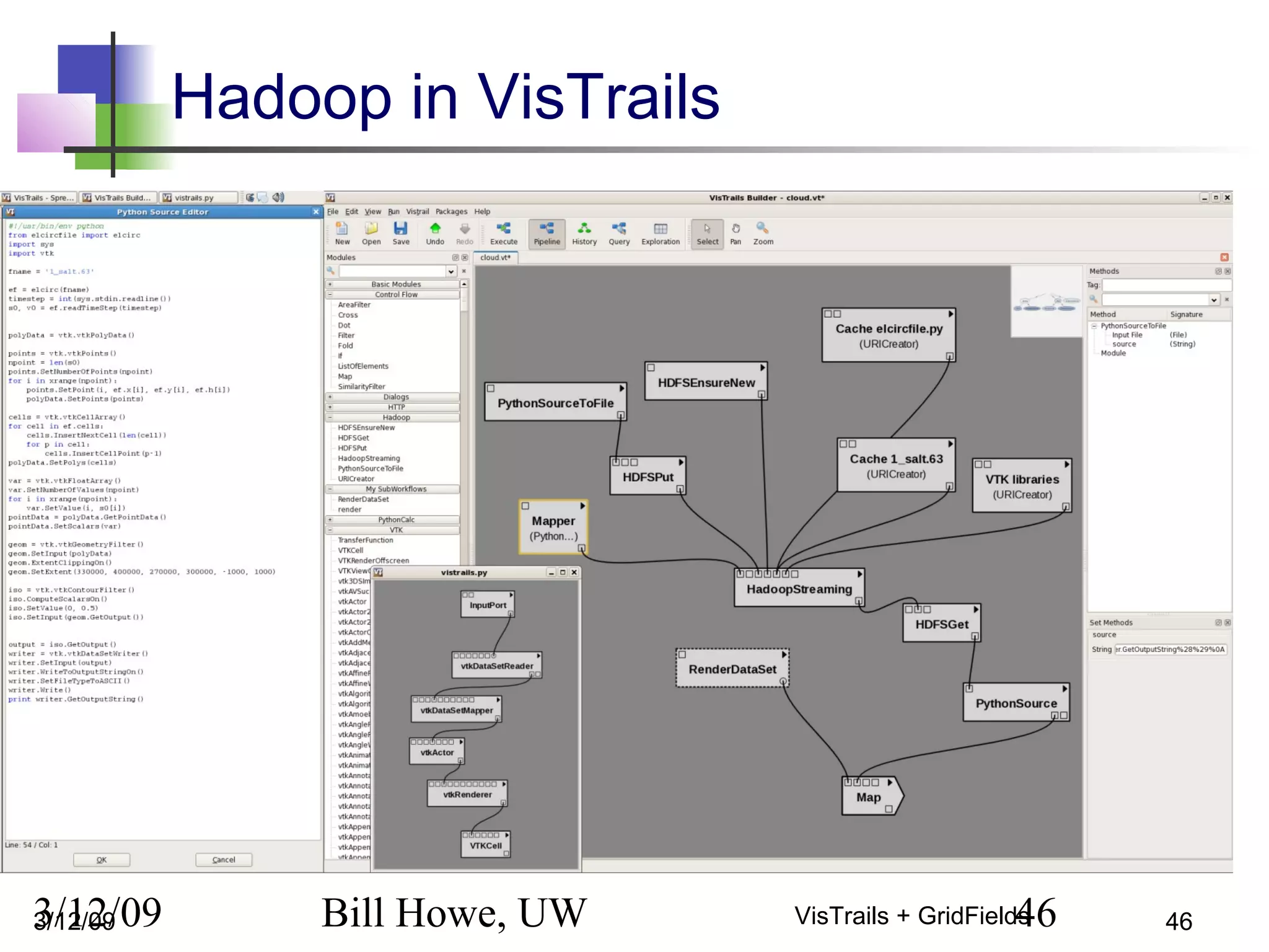 3/12/09 Bill Howe, UW 46VisTrails + GridFields
Hadoop in VisTrails
 Wrap Hadoop Streaming/HDFS Operations
 Plug “PreProcess” to actual Vis Pipeline
3/12/09 46
 