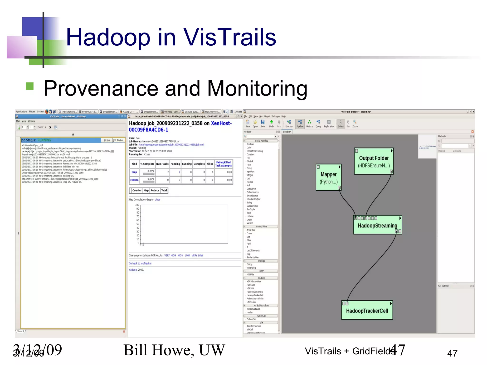 3/12/09 Bill Howe, UW 47VisTrails + GridFields
Hadoop in VisTrails
 Provenance and Monitoring
3/12/09 47
 