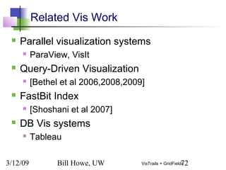 3/12/09 Bill Howe, UW 72VisTrails + GridFields
Related Vis Work
 Parallel visualization systems
 ParaView, VisIt
 Query-Driven Visualization
 [Bethel et al 2006,2008,2009]
 FastBit Index
 [Shoshani et al 2007]
 DB Vis systems
 Tableau
 