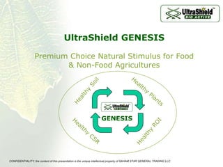 UltraShield GENESIS Premium Choice Natural Stimulus for Food & Non-Food Agricultures Healthy Soil Healthy Plants GENESIS Healthy ROI Healthy CSR CONFIDENTIALITY: the content of this presentation is the unique intellectual property of SAHAM STAR GENERAL TRADING LLC 