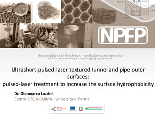 Dr. Gianmarco Lazzini
Centro SITEIA.PARMA - Università di Parma
Ultrashort-pulsed-laser textured tunnel and pipe outer
surfaces:
pulsed-laser treatment to increase the surface hydrophobicity
 