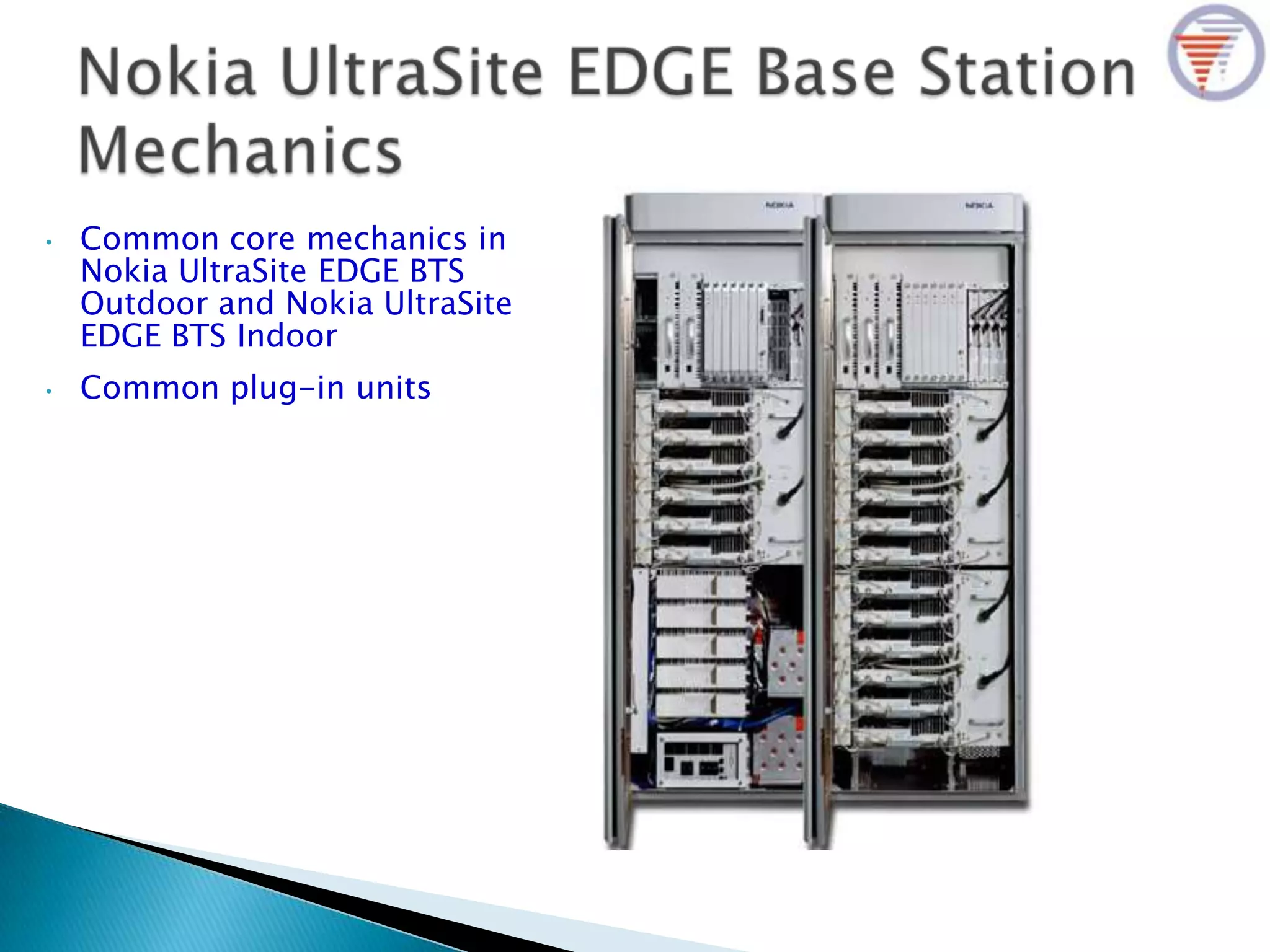 • Common core mechanics in
Nokia UltraSite EDGE BTS
Outdoor and Nokia UltraSite
EDGE BTS Indoor
• Common plug-in units
 