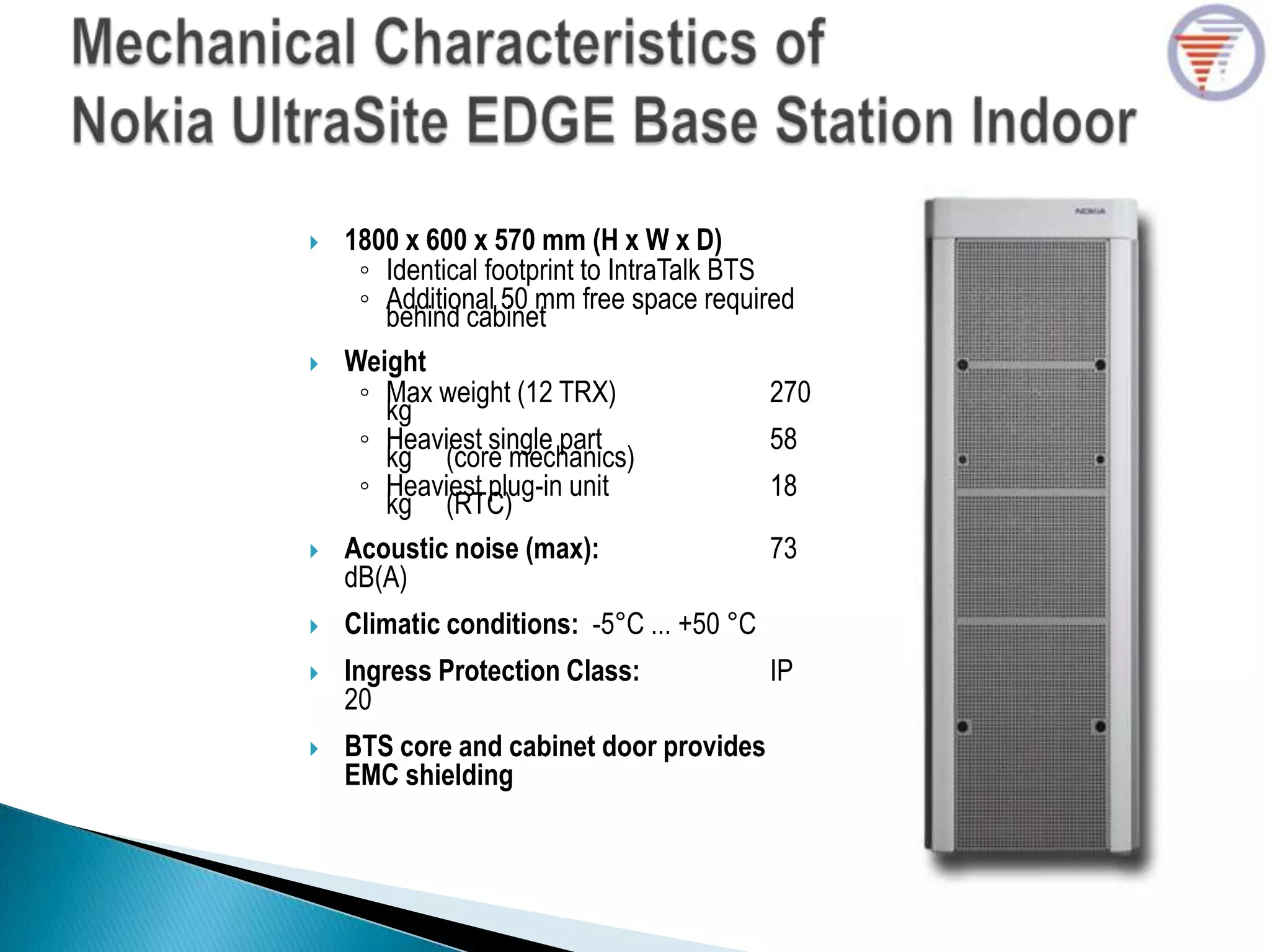  1800 x 600 x 570 mm (H x W x D)
◦ Identical footprint to IntraTalk BTS
◦ Additional 50 mm free space required
behind cabinet
 Weight
◦ Max weight (12 TRX) 270
kg
◦ Heaviest single part 58
kg (core mechanics)
◦ Heaviest plug-in unit 18
kg (RTC)
 Acoustic noise (max): 73
dB(A)
 Climatic conditions: -5°C ... +50 °C
 Ingress Protection Class: IP
20
 BTS core and cabinet door provides
EMC shielding
 