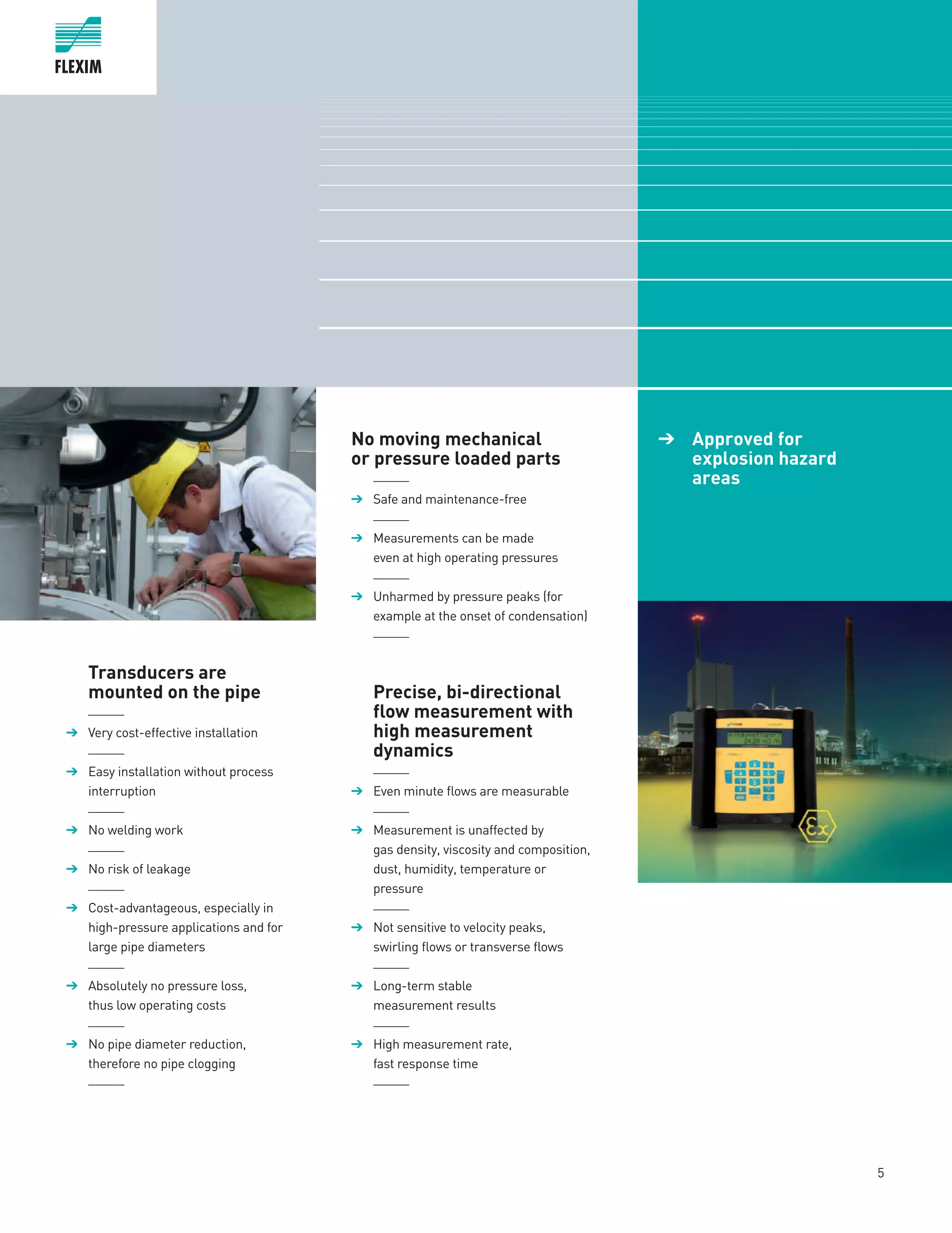 Transducers are
mounted on the pipe
	______
➔	 Very cost-effective installation
	______
➔	 Easy installation without process
interruption
	______
➔	 No welding work
	______
➔	 No risk of leakage
	______
➔	 Cost-advantageous, especially in
high-pressure applications and for
large pipe diameters
	______
➔	 Absolutely no pressure loss,
thus low operating costs
	______
➔	 No pipe diameter reduction,
therefore no pipe clogging
	______
	
No moving mechanical
or pressure loaded parts
	 ______
➔	 Safe and maintenance-free
	______
➔	 Measurements can be made
even at high operating pressures
	______
➔	 Unharmed by pressure peaks (for
example at the onset of condensation)
	______
	Precise, bi-directional
flow measurement with
high measurement
dynamics
	______
➔	 Even minute flows are measurable
	______
➔	 Measurement is unaffected by
gas density, viscosity and composition,
dust, humidity, temperature or
pressure
	______
➔	 Not sensitive to velocity peaks,
swirling flows or transverse flows
	______
➔	 Long-term stable
measurement results
	______
➔	 High measurement rate,
fast response time
	______
	 ➔	 Approved for
explosion hazard
areas
5
 